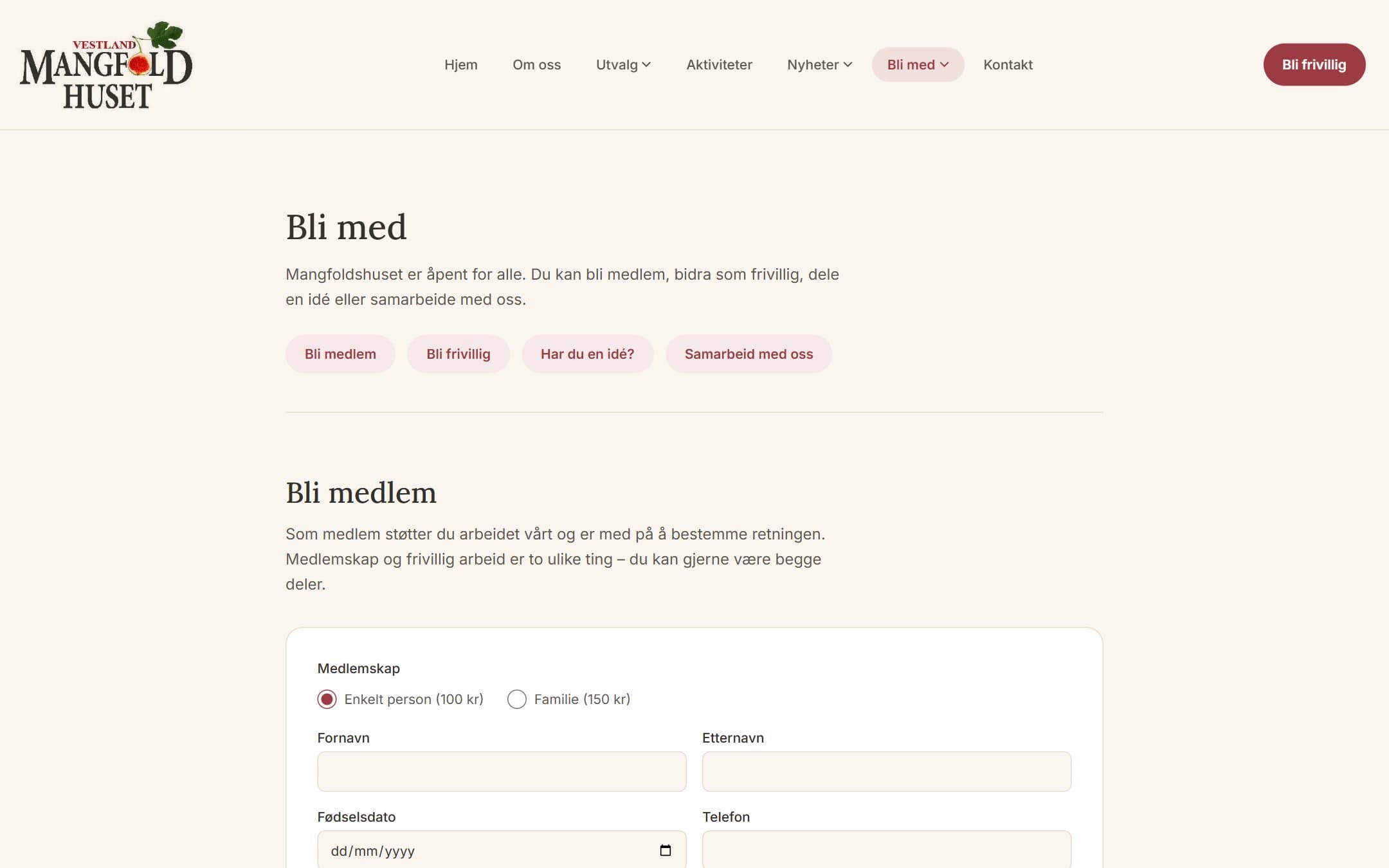 Bli med page with shortcuts to membership, volunteering, ideas and partnerships, above the membership form.